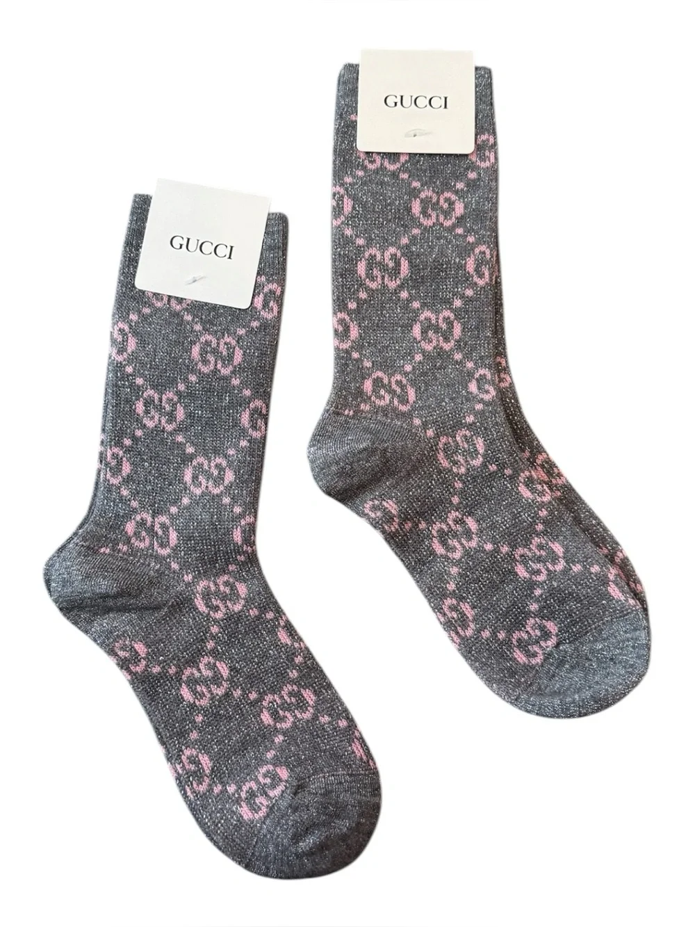 2 Pair Gucci Outlet GG Monogram Crew Socks — Gray with Pink